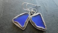 Cobalt Blue Natural Sea Glass Mismatched Oxidized Sterling Silver Stamped Dangle Earrings