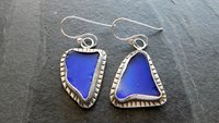 Cobalt Blue Natural Sea Glass Mismatched Oxidized Sterling Silver Stamped Dangle Earrings