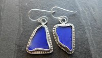 Cobalt Blue Natural Sea Glass Mismatched Oxidized Sterling Silver Stamped Dangle Earrings