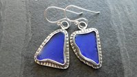 Cobalt Blue Natural Sea Glass Mismatched Oxidized Sterling Silver Stamped Dangle Earrings