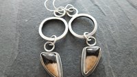 Petrified Fern Mod Hoop Sterling Silver Earrings, Black Tan Stone Dangle Hoops