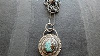 Hubei Turquoise Stamped Sterling Silver Pendant, Modern Southwestern Jewelry, Hand Fabricated Turquoise Necklace