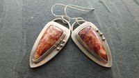 Petrified Fern Fall Color Stone Sterling Silver 14k Gold Earrings, Mixed Metal Orange Red Stone Dangles