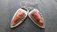 Petrified Fern Fall Color Stone Sterling Silver 14k Gold Earrings, Mixed Metal Orange Red Stone Dangles