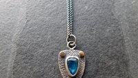 Neon Blue Kyanite Textured Sterling Silver 14K Gold Mixed Metal Small Shield Pendant Necklace