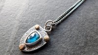 Neon Blue Kyanite Textured Sterling Silver 14K Gold Mixed Metal Small Shield Pendant Necklace