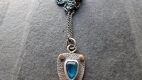 Neon Blue Kyanite Textured Sterling Silver 14K Gold Mixed Metal Small Shield Pendant Necklace