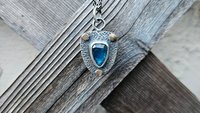 Neon Blue Kyanite Textured Sterling Silver 14K Gold Mixed Metal Small Shield Pendant Necklace