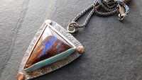 Australian Boulder Opal Textured Sterling Silver 14K Gold Mixed Metal Pendant Necklace