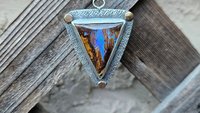Australian Boulder Opal Textured Sterling Silver 14K Gold Mixed Metal Pendant Necklace
