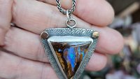 Australian Boulder Opal Textured Sterling Silver 14K Gold Mixed Metal Pendant Necklace