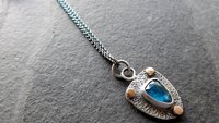 Neon Blue Kyanite Textured Sterling Silver 14K Gold Mixed Metal Small Shield Pendant Necklace