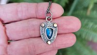 Neon Blue Kyanite Textured Sterling Silver 14K Gold Mixed Metal Small Shield Pendant Necklace