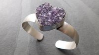 Deep Purple Amethyst Heart Drusy Stone Oxidized Sterling Silver Cuff Bracelet
