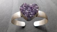 Deep Purple Amethyst Heart Drusy Stone Oxidized Sterling Silver Cuff Bracelet