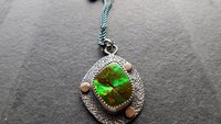 Neon Green Orange Flash Ammolite Oxidized Sterling Silver 14K Gold Textured Pendant Necklace