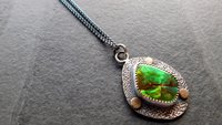 Neon Green Orange Flash Ammolite Oxidized Sterling Silver 14K Gold Textured Pendant Necklace
