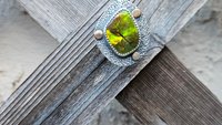 Neon Green Orange Flash Ammolite Oxidized Sterling Silver 14K Gold Textured Pendant Necklace