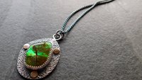 Neon Green Orange Flash Ammolite Oxidized Sterling Silver 14K Gold Textured Pendant Necklace