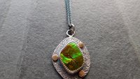 Neon Green Orange Flash Ammolite Oxidized Sterling Silver 14K Gold Textured Pendant Necklace
