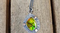 Neon Green Orange Flash Ammolite Oxidized Sterling Silver 14K Gold Textured Pendant Necklace