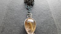 Teardrop Golden Rutilated Quartz Oxidized Sterling Silver 14K Gold Accent Pendant Necklace