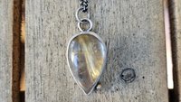 Teardrop Golden Rutilated Quartz Oxidized Sterling Silver 14K Gold Accent Pendant Necklace