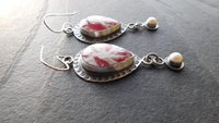 Red White Feather Plume Agate Doublet Freshwater Pearl Dangle Stamped Sterling Silver Earrings