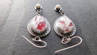 Red White Feather Plume Agate Doublet Freshwater Pearl Dangle Stamped Sterling Silver Earrings