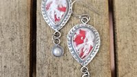 Red White Feather Plume Agate Doublet Freshwater Pearl Dangle Stamped Sterling Silver Earrings