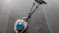 Neon Blue Apatite Raw Mineral Natural Crystal Textured Sterling Silver 14K Gold Accent Pendant Necklace