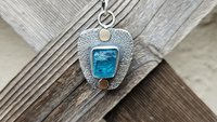 Neon Blue Apatite Raw Mineral Natural Crystal Textured Sterling Silver 14K Gold Accent Pendant Necklace
