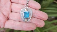 Neon Blue Apatite Raw Mineral Natural Crystal Textured Sterling Silver 14K Gold Accent Pendant Necklace
