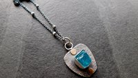 Neon Blue Apatite Raw Mineral Natural Crystal Textured Sterling Silver 14K Gold Accent Pendant Necklace