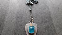 Neon Blue Apatite Raw Mineral Natural Crystal Textured Sterling Silver 14K Gold Accent Pendant Necklace