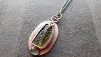 Natural Rough Moldavite Light Green Tourmaline Sterling Silver 14K Gold Accents Pendant Necklace