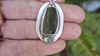 Natural Rough Moldavite Light Green Tourmaline Sterling Silver 14K Gold Accents Pendant Necklace