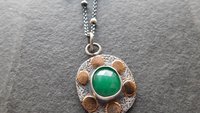 Natural Rosecut Zambian Emerald Textured Sterling Silver 14K Gold Dot Mixed Metal Pendant Necklace