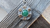 Natural Rosecut Zambian Emerald Textured Sterling Silver 14K Gold Dot Mixed Metal Pendant Necklace