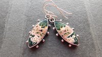 Forest Green Mauve Pink Ocean Jasper Oxidized Sterling Silver Dotted Dangle Earrings