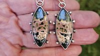 Forest Green Mauve Pink Ocean Jasper Oxidized Sterling Silver Dotted Dangle Earrings