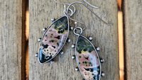 Forest Green Mauve Pink Ocean Jasper Oxidized Sterling Silver Dotted Dangle Earrings