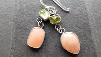 Peach Moonstone Lime Green Tourmaline Oxidized Sterling Silver Mismatched Dangle Earrings