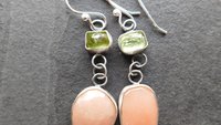 Peach Moonstone Lime Green Tourmaline Oxidized Sterling Silver Mismatched Dangle Earrings