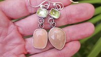 Peach Moonstone Lime Green Tourmaline Oxidized Sterling Silver Mismatched Dangle Earrings