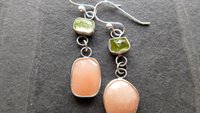 Peach Moonstone Lime Green Tourmaline Oxidized Sterling Silver Mismatched Dangle Earrings