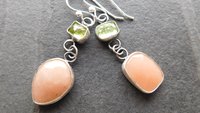 Peach Moonstone Lime Green Tourmaline Oxidized Sterling Silver Mismatched Dangle Earrings