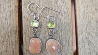 Peach Moonstone Lime Green Tourmaline Oxidized Sterling Silver Mismatched Dangle Earrings