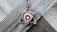 Red Yellow Fordite Detroit Agate Garnet Citrine Oxidized Sterling Silver Modernist Asymmetrical Pendant Necklace