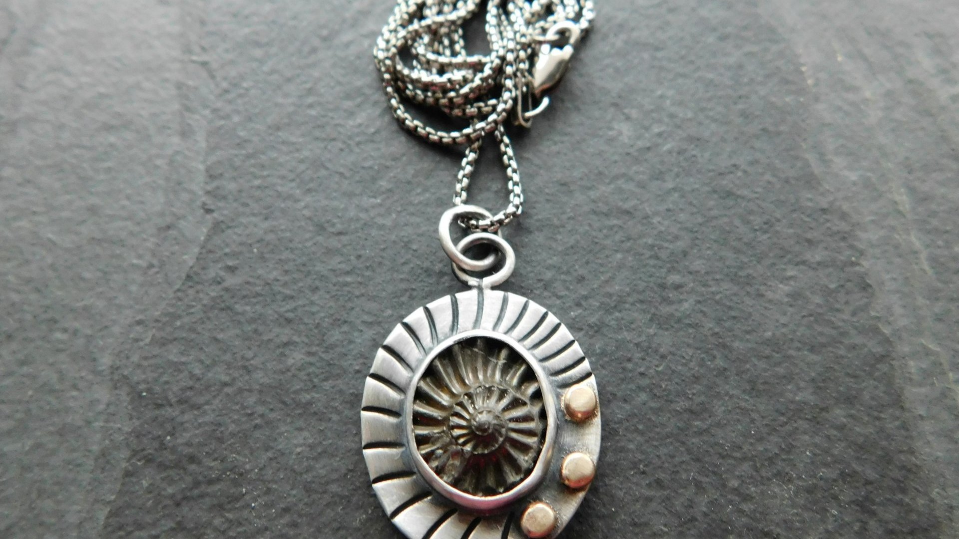 Pyritized Ammonite Negative Stone Stamped Sterling Silver 14k Gold Mixed Metal Pendant Necklace
